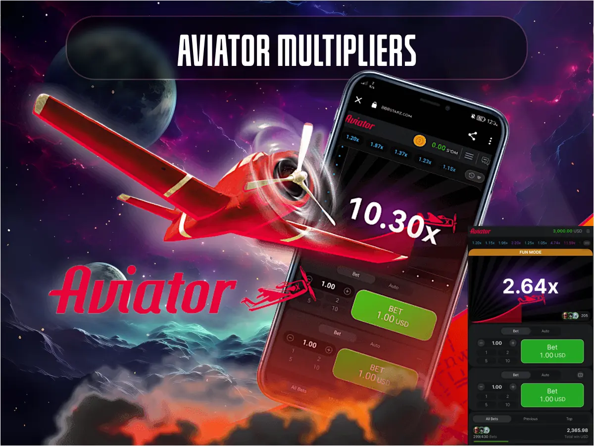 A digital illustration of a red plane flying in a colorful cosmic background, with the words "Aviator Multipliers" at the top and numbers "10.30x" and "2.64x" displayed on a smartphone screen next to the airplane.
